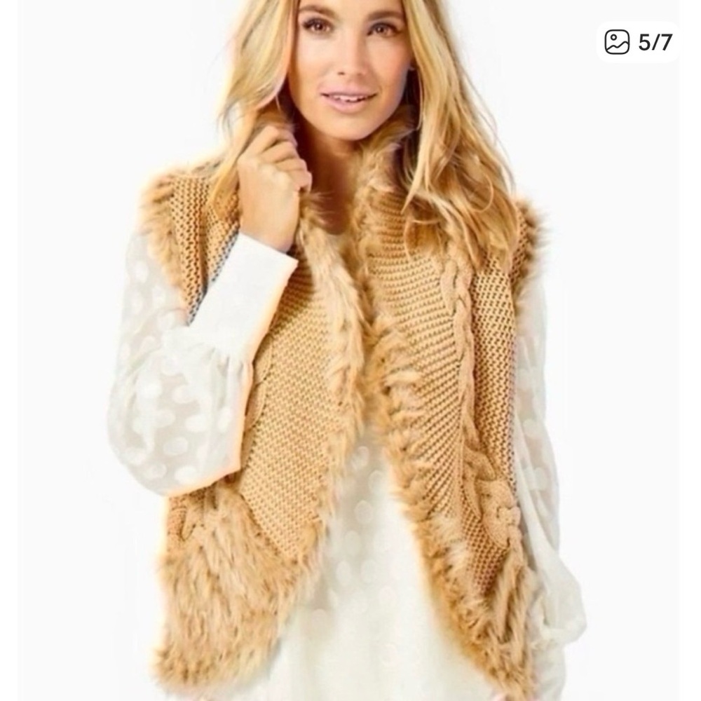 Lilly Pulitzer Tan Torino Knit Sweater Vest Faux Fur